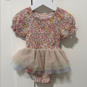 Cheeky Plum Floral Smocked Puff Sleeve Bodysuit with Pastel Tulle Tutu 2T